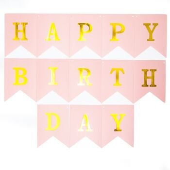 Гирлянда Флажки, Happy Birthday (золотые буквы), Розовый, Металлик 1 шт. 160 см.